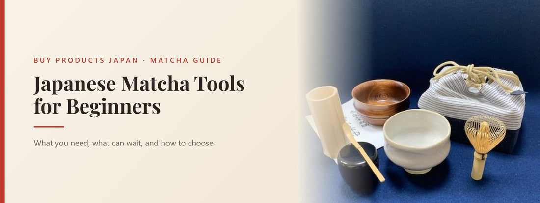 A handmade Takayama matcha tool set: tea bowl (chawan), bamboo whisk (chasen), scoop, and caddy