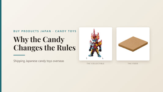 Banner with the headline Why the Candy Changes the Rules on a cream background. Two white cards of the same size: the one labelled The Collectible shows a small painted figure of an armoured character, and the one labelled The Food shows a wafer biscuit.
